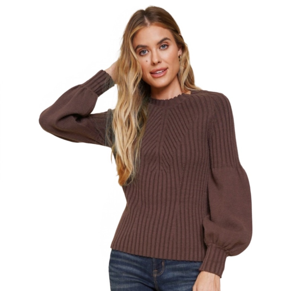 M37. NEW MYSTREE Ribbed Pullover Sweater W/Balloon Sleeves Marsala Deep Wine